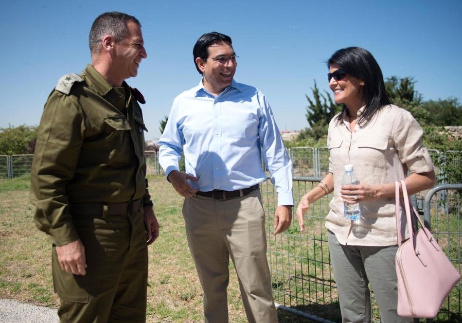 US Ambassador to the UN Nikki Haley in Israeli with Israel's Ambassador to the UN Danny Dannon and IDF Maj.-Gen. Aviv Kochavi