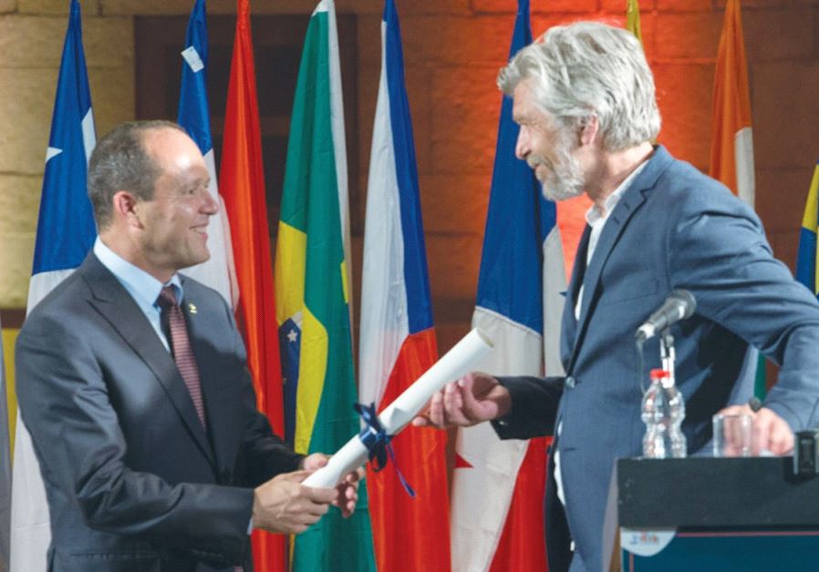 JERUSALEM MAYOR NIR BARKAT awards Norwegian author Karl Ove Knausgård the 2017 Jerusalem Prize.