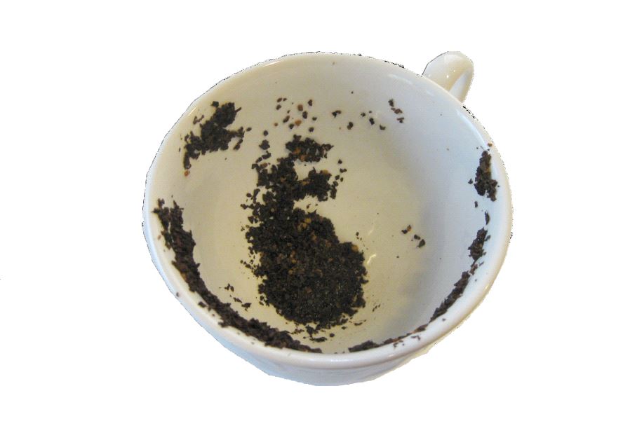 An example of a tea-leaf reading showing a dog and a bird on the side of the cup