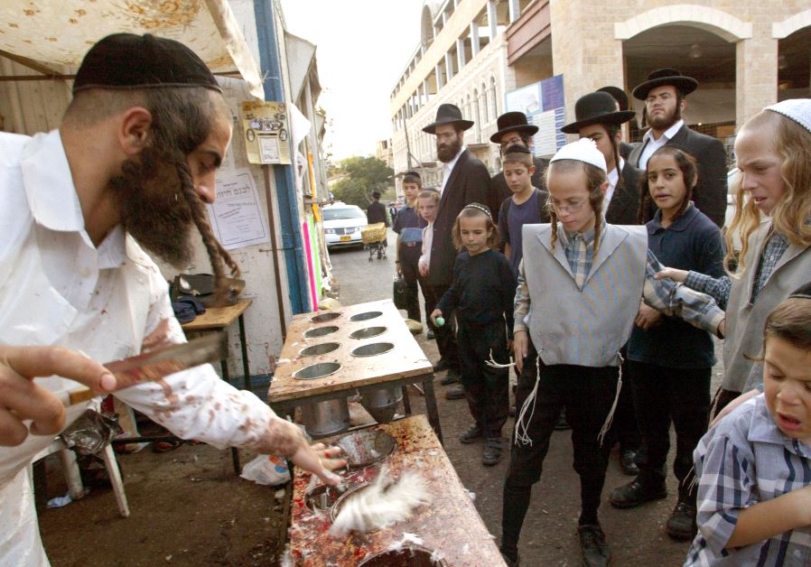DATE IMPORTED: October 07, 2003 Group of ultra-Orthodox Jews watch a butcher put drain the blood from a slaughtered chickens in the Mea Shearim neighbourhood in Jerusalem October 2 2003