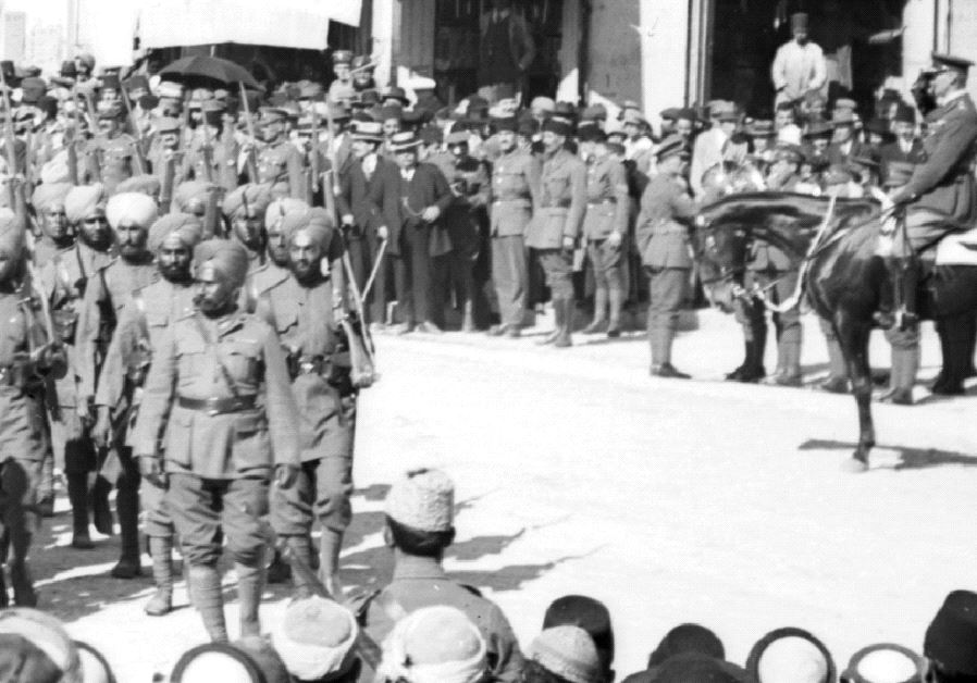 General Allenby on his horse saluting the Indian troops outside of Jerusalem’s Jaffa Gate on December 11, 1917