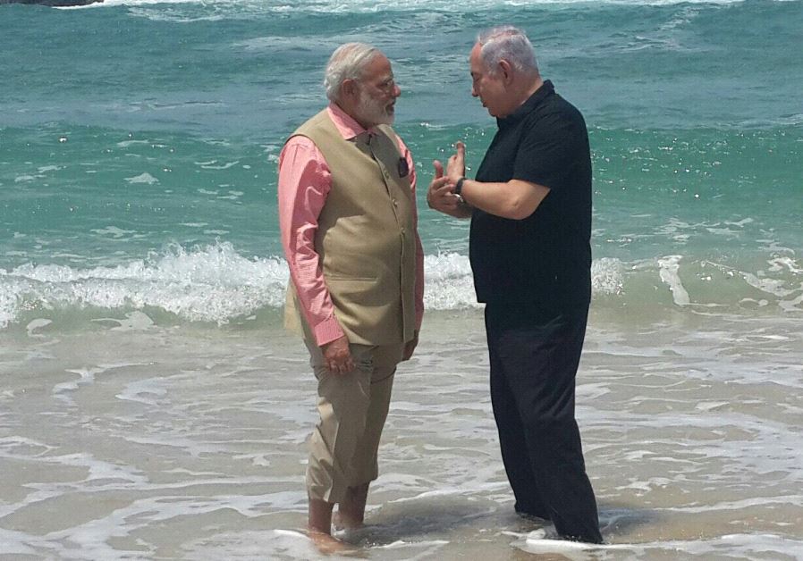 Israeli Prime Minister Benjamin Netanyahu and Indian Prime Minister Narendra Modi tour Dor Beach on the third day of Modi's visit to Israel‏
