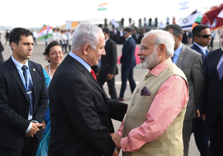 Visiting Indian Prime Minister Narendra Modi with Israeli Prime Minister Benjamin Netanyahu at Ben-Gurion airport before his departure after an historic three day visit to Israel