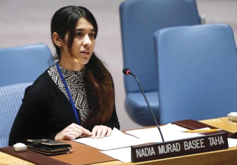 Yazidi human rights activist Nadia Murad speaks to members of the UN Security Council