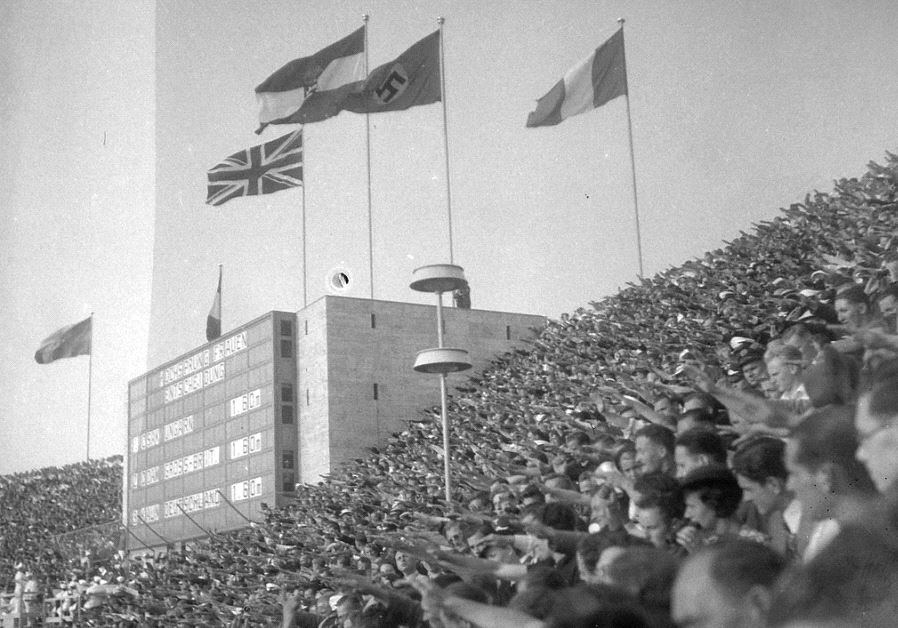 Spectators giving the Nazi salute during one of the 1936 Berlin Summer Olympics medal ceremonies